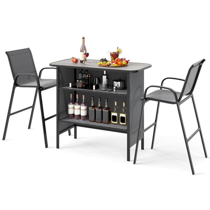 3 Piece Outdoor Bar Table and Chairs Set with Breathable Fabric-Grey