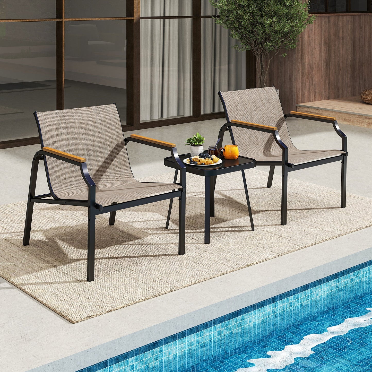 3 Piece Outdoor Chair Set with Breathable Fabric Seat and Wood-Plastic Armrests-Brown