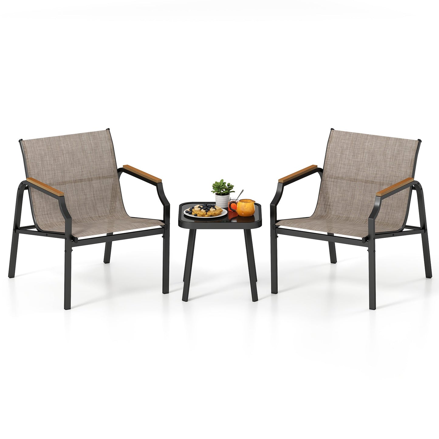 3 Piece Outdoor Chair Set with Breathable Fabric Seat and Wood-Plastic Armrests-Brown