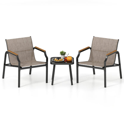 3 Piece Outdoor Chair Set with Breathable Fabric Seat and Wood-Plastic Armrests-Brown