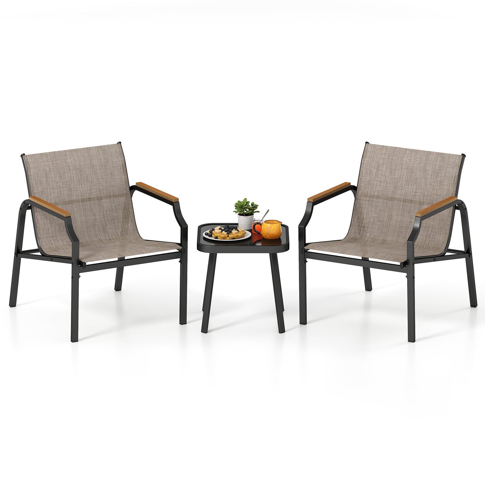 3 Piece Outdoor Chair Set with Breathable Fabric Seat and Wood-Plastic Armrests-Brown