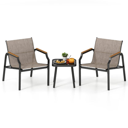 3 Piece Outdoor Chair Set with Breathable Fabric Seat and Wood-Plastic Armrests-Brown