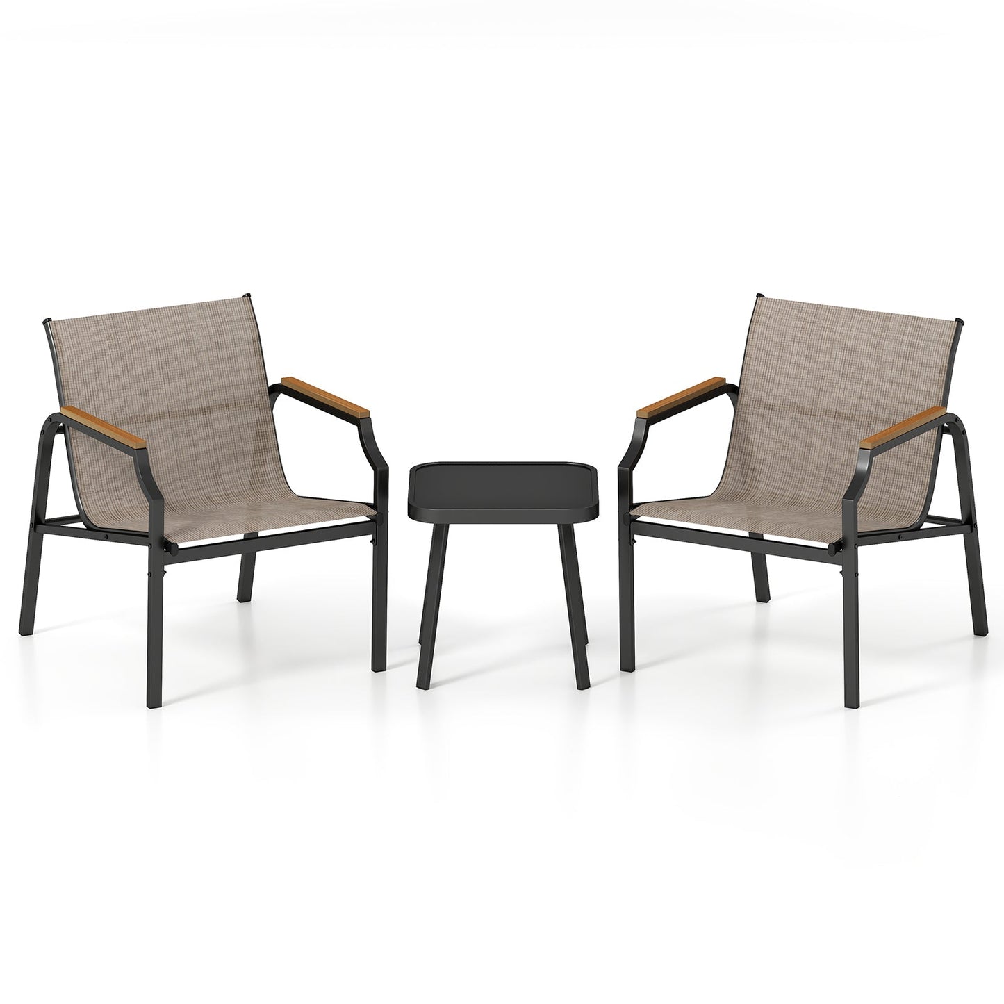 3 Piece Outdoor Chair Set with Breathable Fabric Seat and Wood-Plastic Armrests-Brown