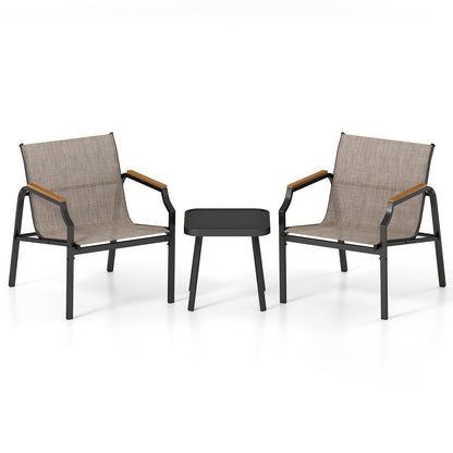 3 Piece Outdoor Chair Set with Breathable Fabric Seat and Wood-Plastic Armrests-Brown