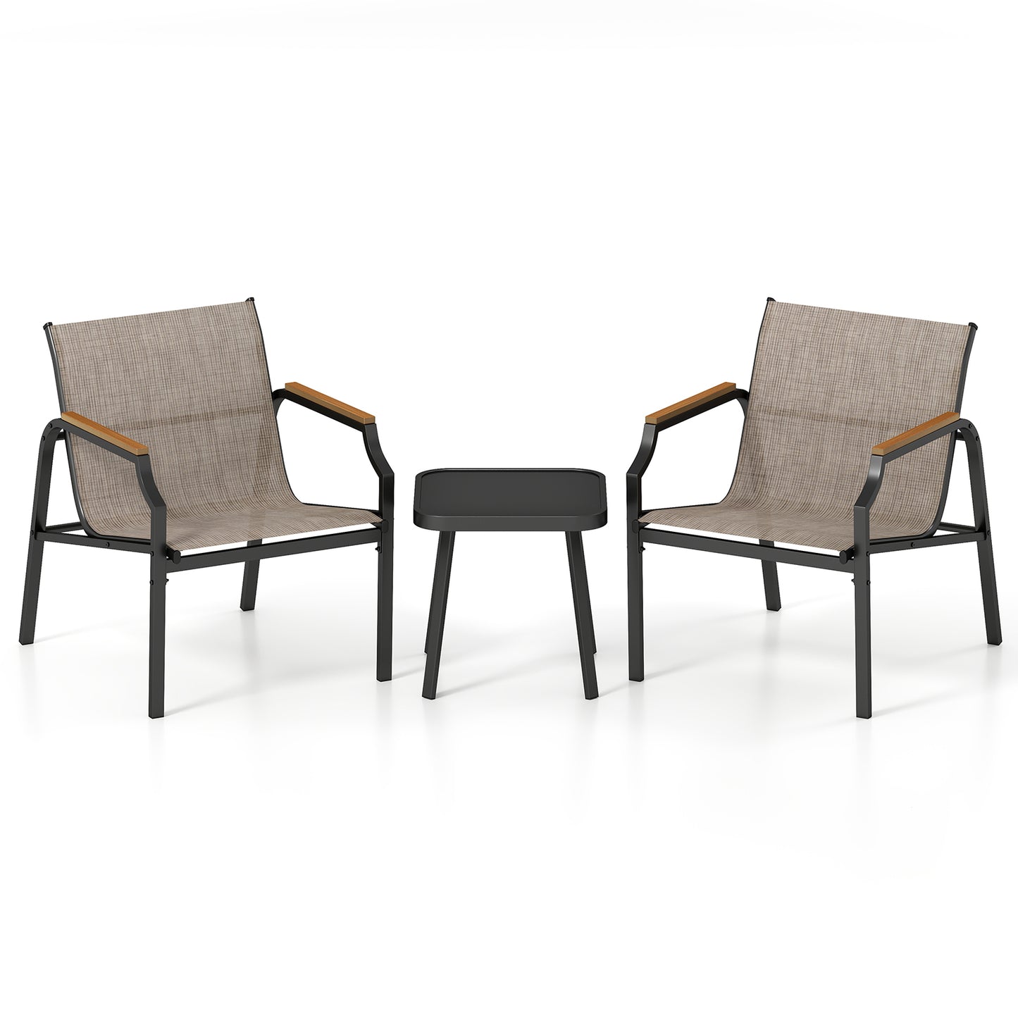 3 Piece Outdoor Chair Set with Breathable Fabric Seat and Wood-Plastic Armrests-Brown
