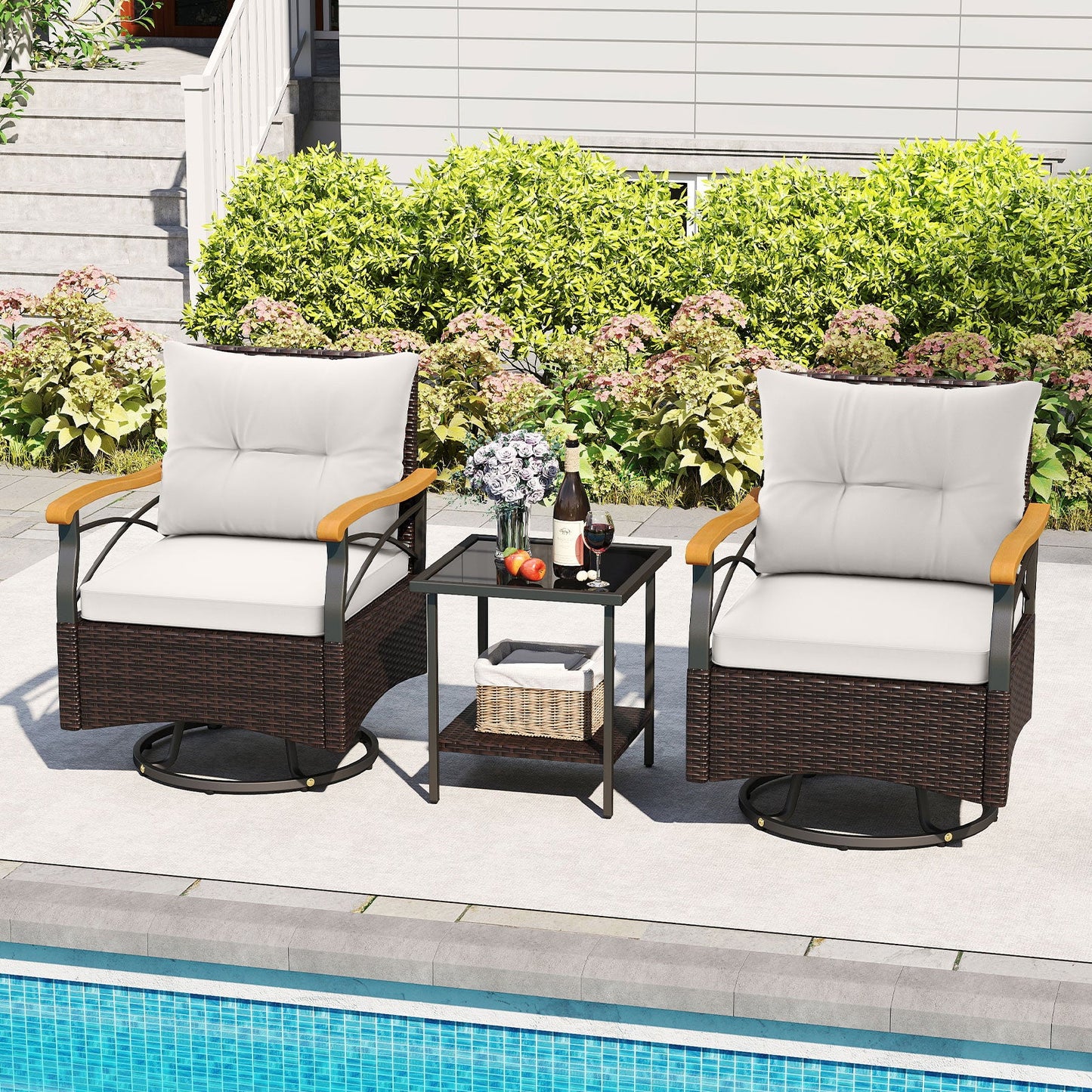 3 Piece Outdoor Swivel Chair Set Patio Wicker Rotating Chairs with Table-White
