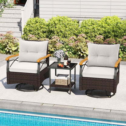 3 Piece Outdoor Swivel Chair Set Patio Wicker Rotating Chairs with Table-White