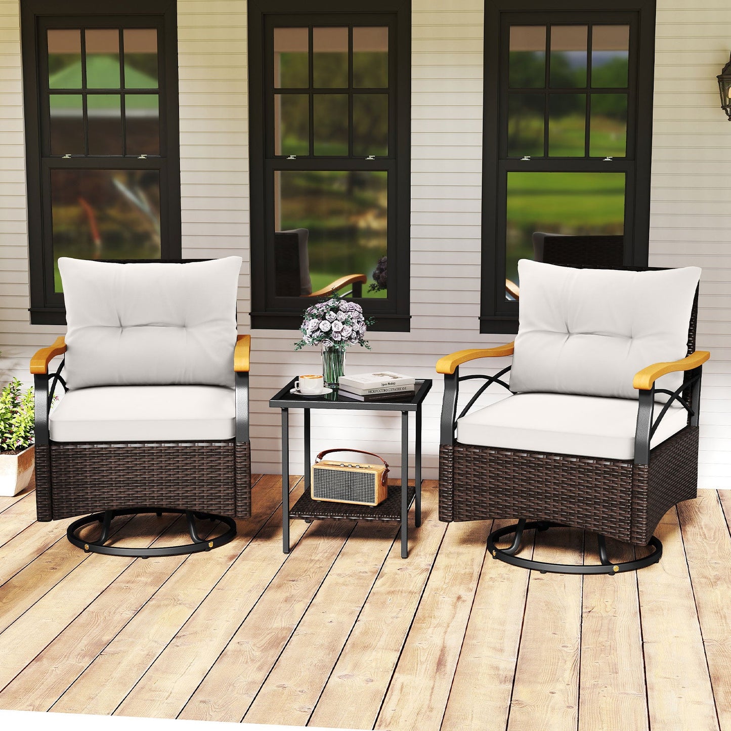 3 Piece Outdoor Swivel Chair Set Patio Wicker Rotating Chairs with Table-White