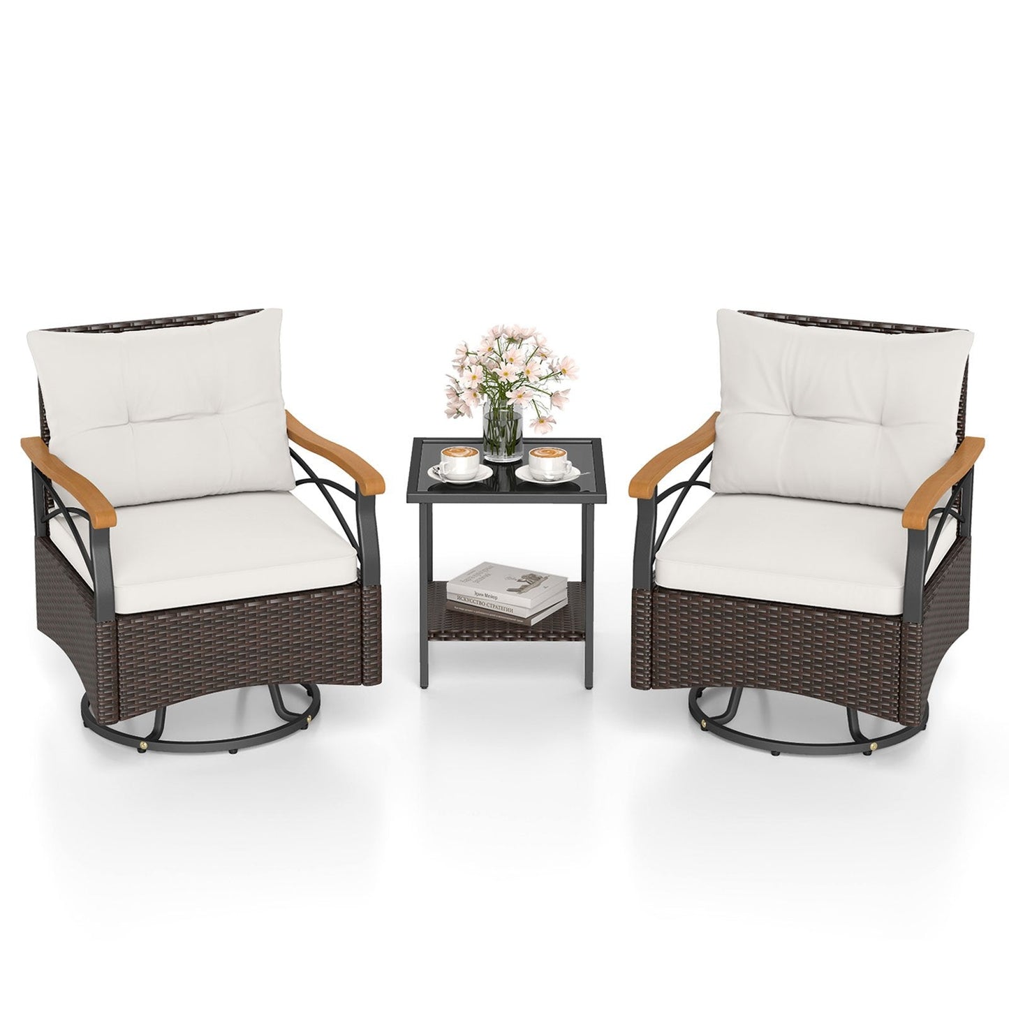 3 Piece Outdoor Swivel Chair Set Patio Wicker Rotating Chairs with Table-White