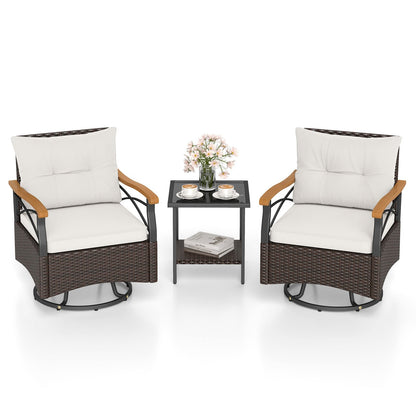 3 Piece Outdoor Swivel Chair Set Patio Wicker Rotating Chairs with Table-White
