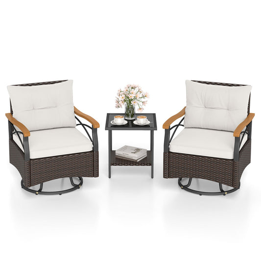 3 Piece Outdoor Swivel Chair Set Patio Wicker Rotating Chairs with Table-White