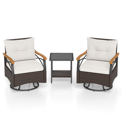 3 Piece Outdoor Swivel Chair Set Patio Wicker Rotating Chairs with Table-White