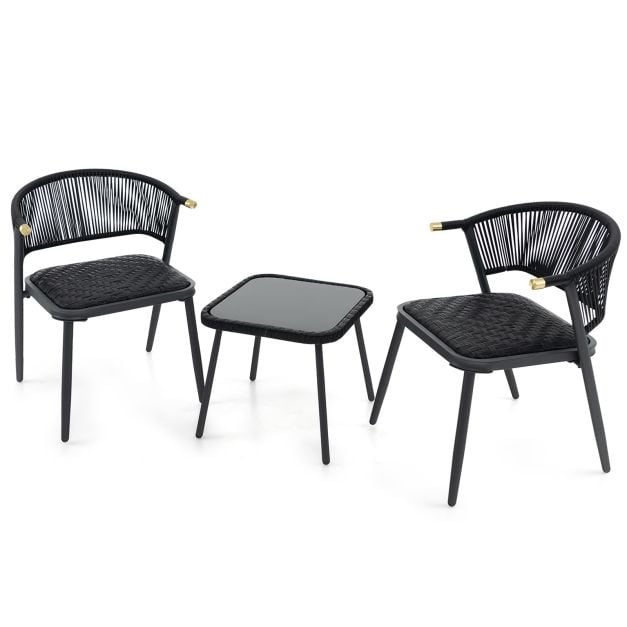 3 Piece Outdoor Wicker Furniture Set with Tempered Glass Coffee Table-Black