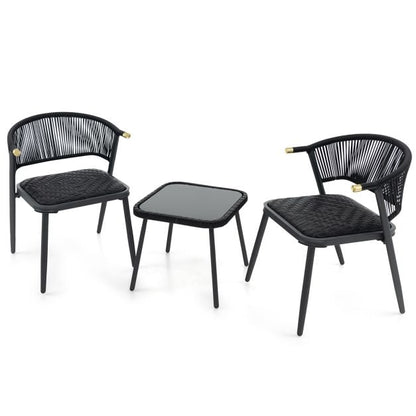 3 Piece Outdoor Wicker Furniture Set with Tempered Glass Coffee Table-Black