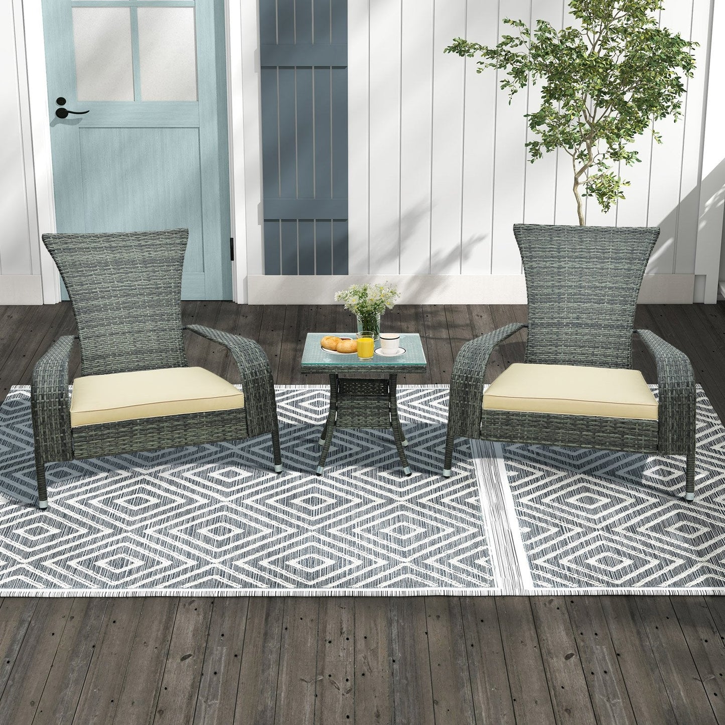 3-Piece Oversized Wicker Adirondack Set with Comfy Seat Cushions-Beige