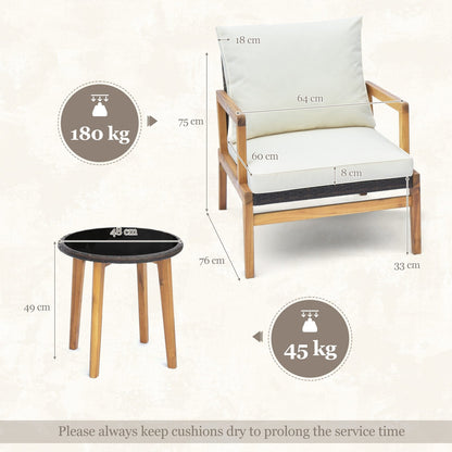 3 Pieces Garden Wicker Chair and Side Table Set with Soft Cushions-White