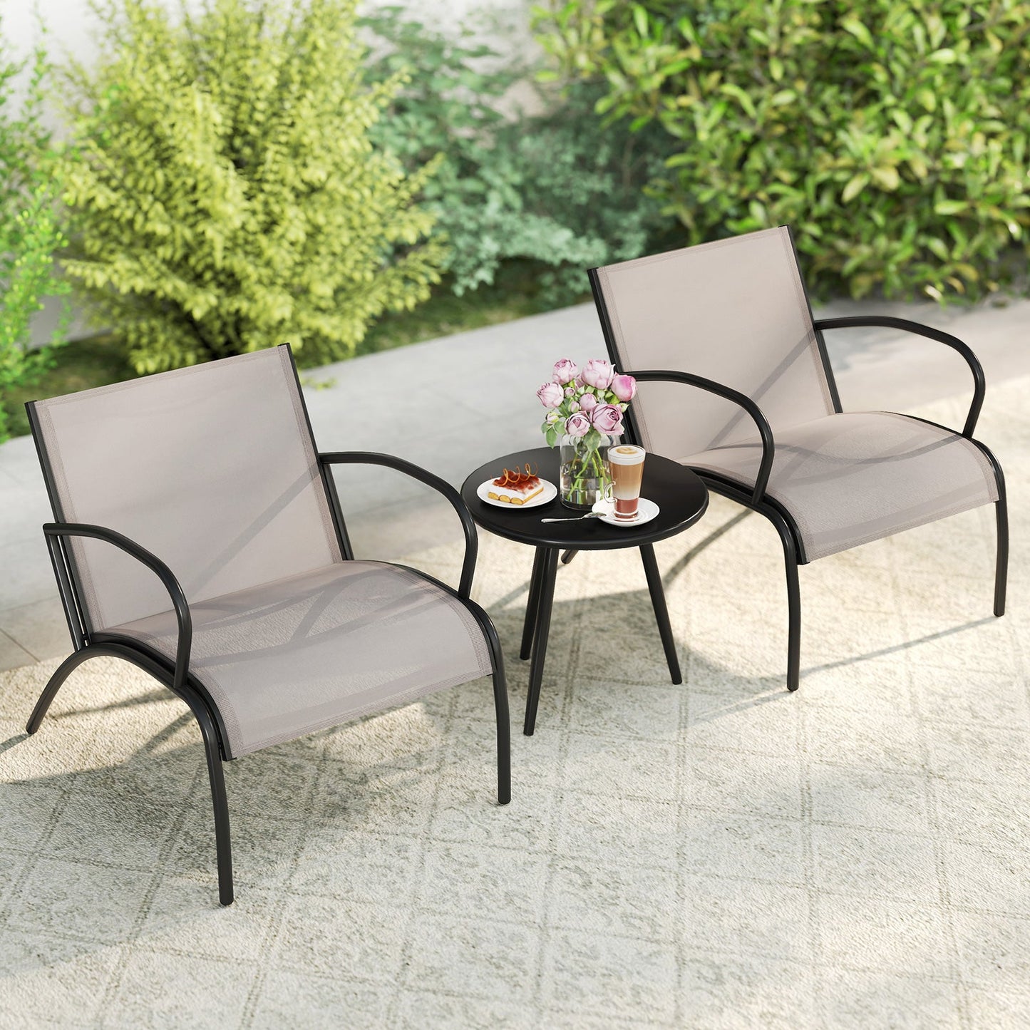 3 Piece Patio Chair Set Metal Aluminum Wide Armchair and Table Set-Light Grey