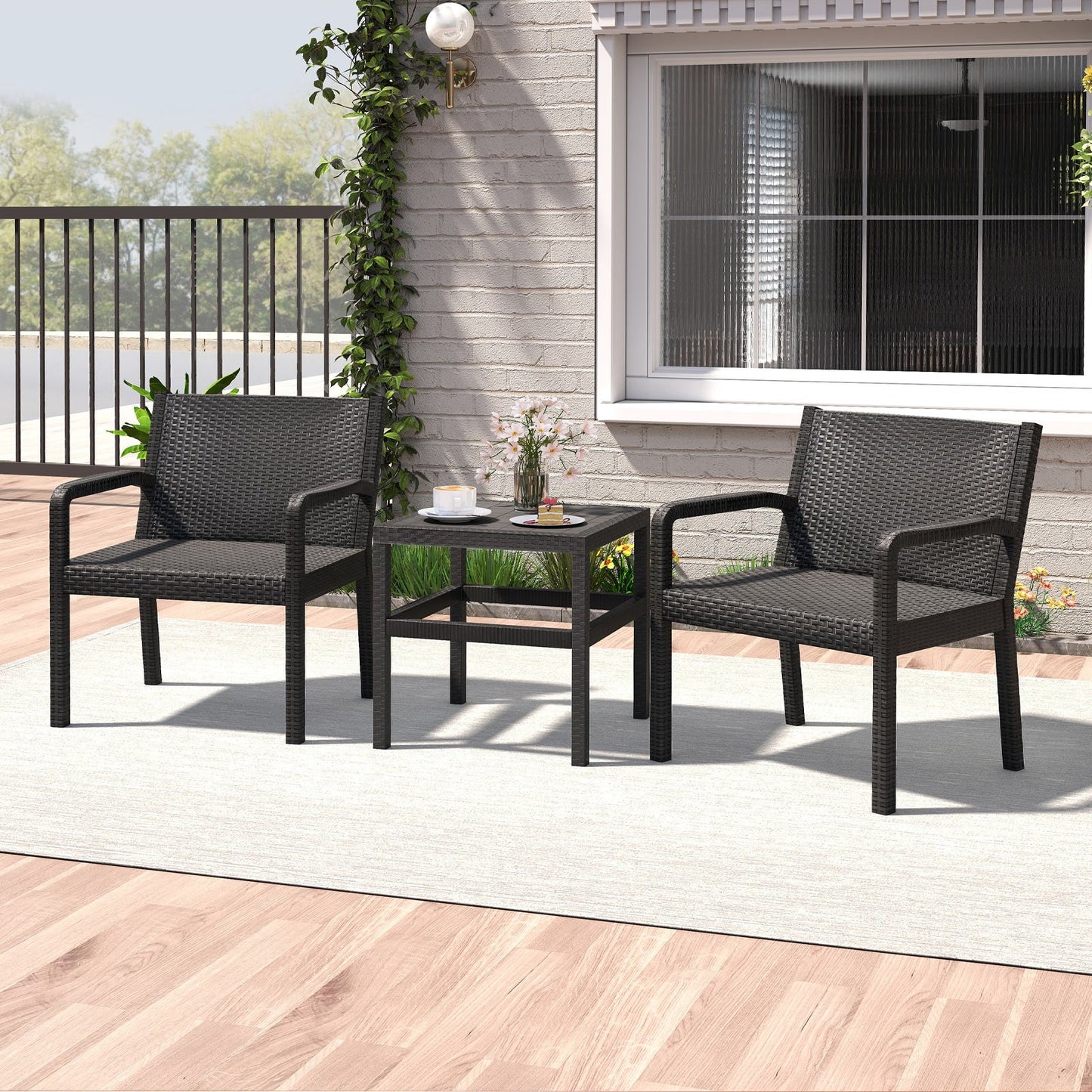 3 Piece Patio Furniture Set with 2 Modern Rattan Armchair and Squire Side Table-Black
