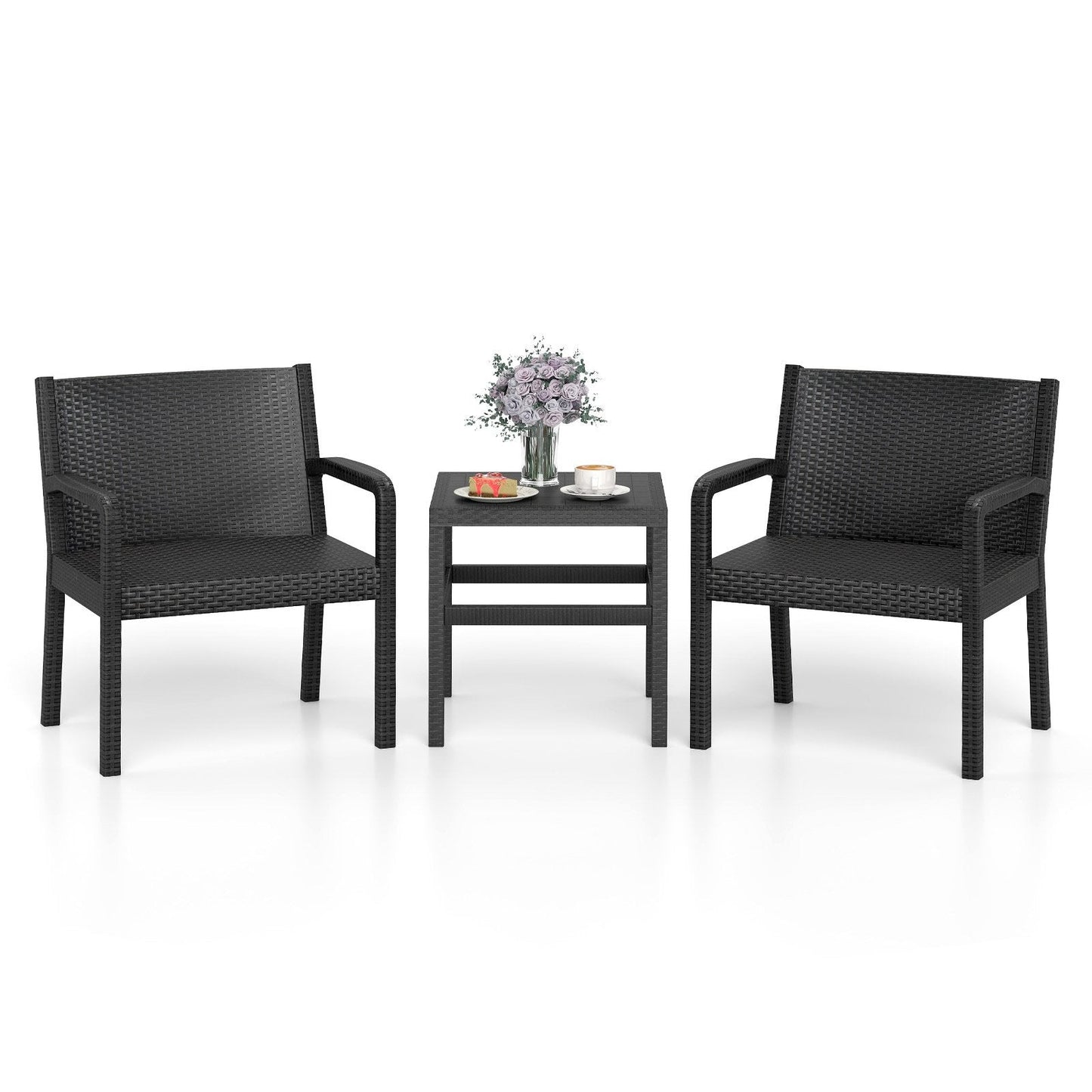 3 Piece Patio Furniture Set with 2 Modern Rattan Armchair and Squire Side Table-Black