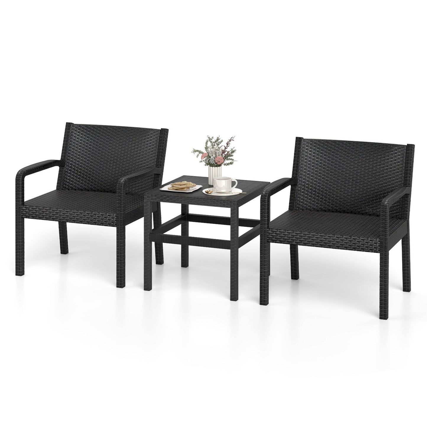 3 Piece Patio Furniture Set with 2 Modern Rattan Armchair and Squire Side Table-Black