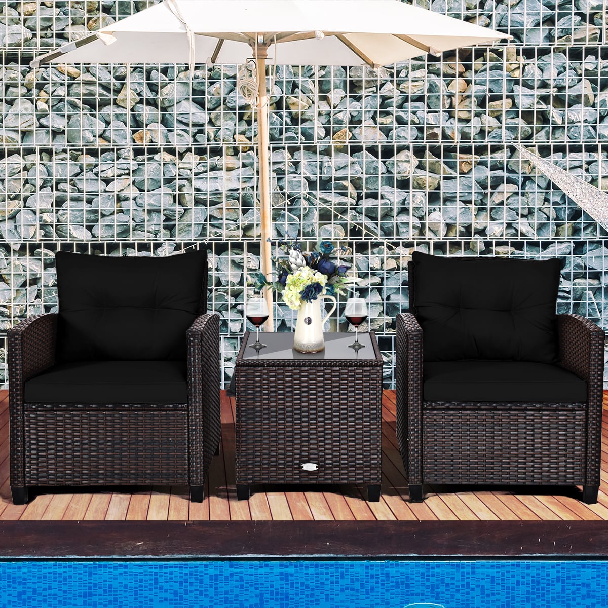 3 Piece Patio Rattan Furniture Set for Porch Balcony Garden Yard-Black