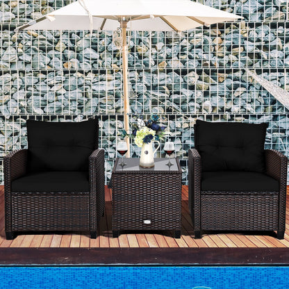 3 Piece Patio Rattan Furniture Set for Porch Balcony Garden Yard-Black