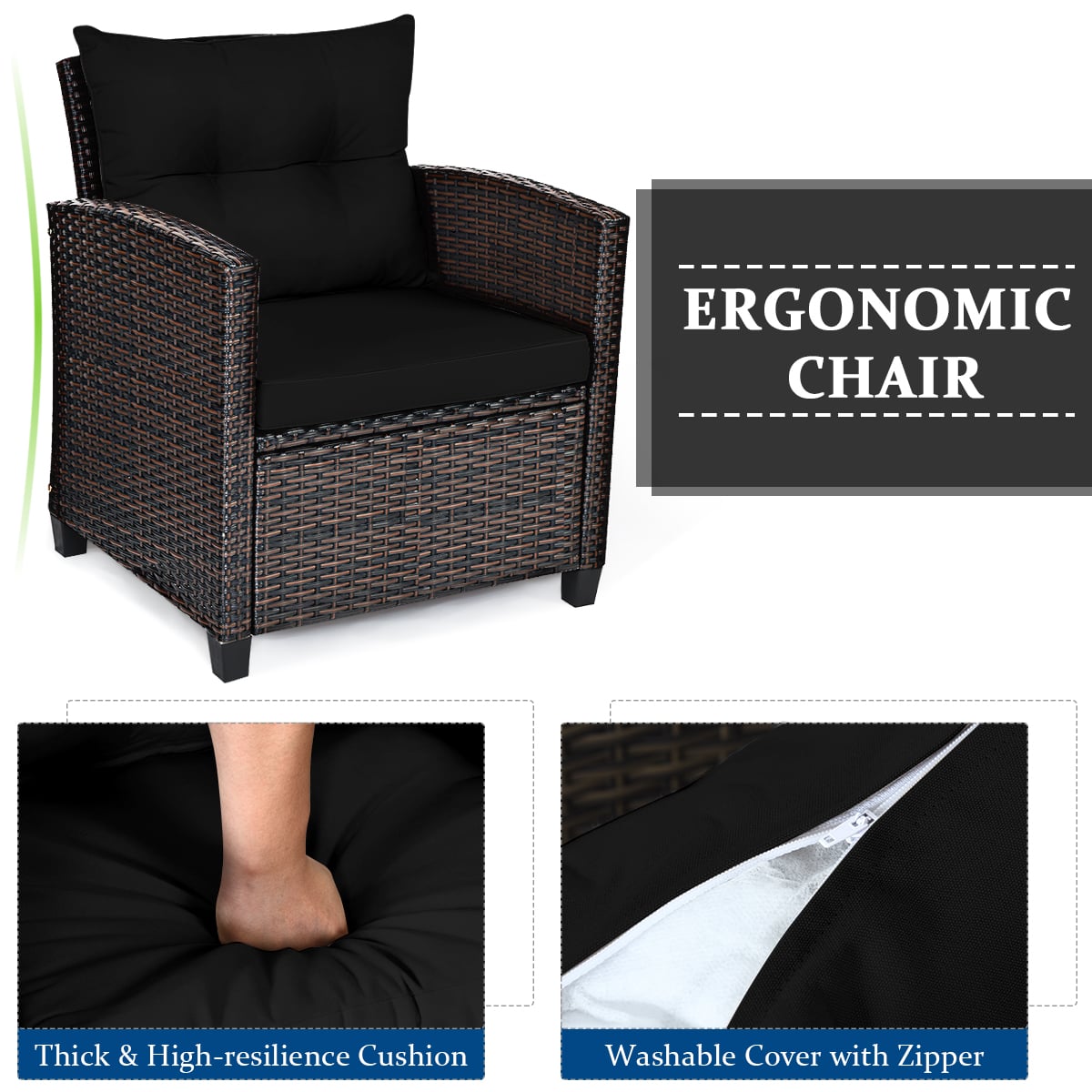 3 Piece Patio Rattan Furniture Set for Porch Balcony Garden Yard-Black