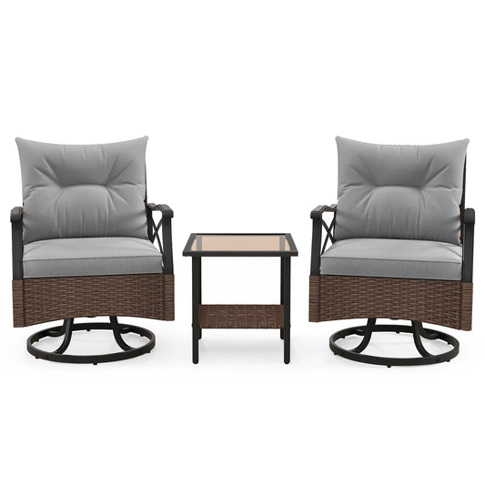 3 Piece Patio Swivel Rocker Set with 2-Tier Coffee Table-Grey