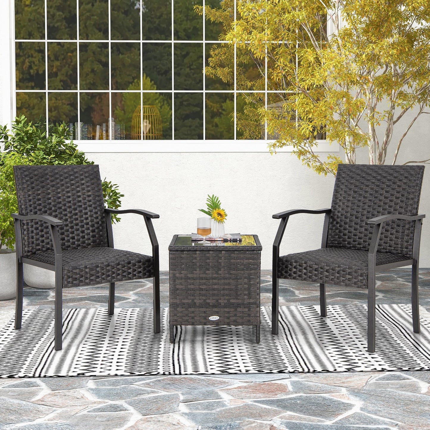 3 Piece Patio Wicker Chair Set with Cushioned Seat