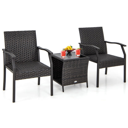 3 Piece Patio Wicker Chair Set with Cushioned Seat