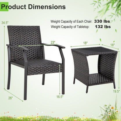 3 Piece Patio Wicker Chair Set with Cushioned Seat