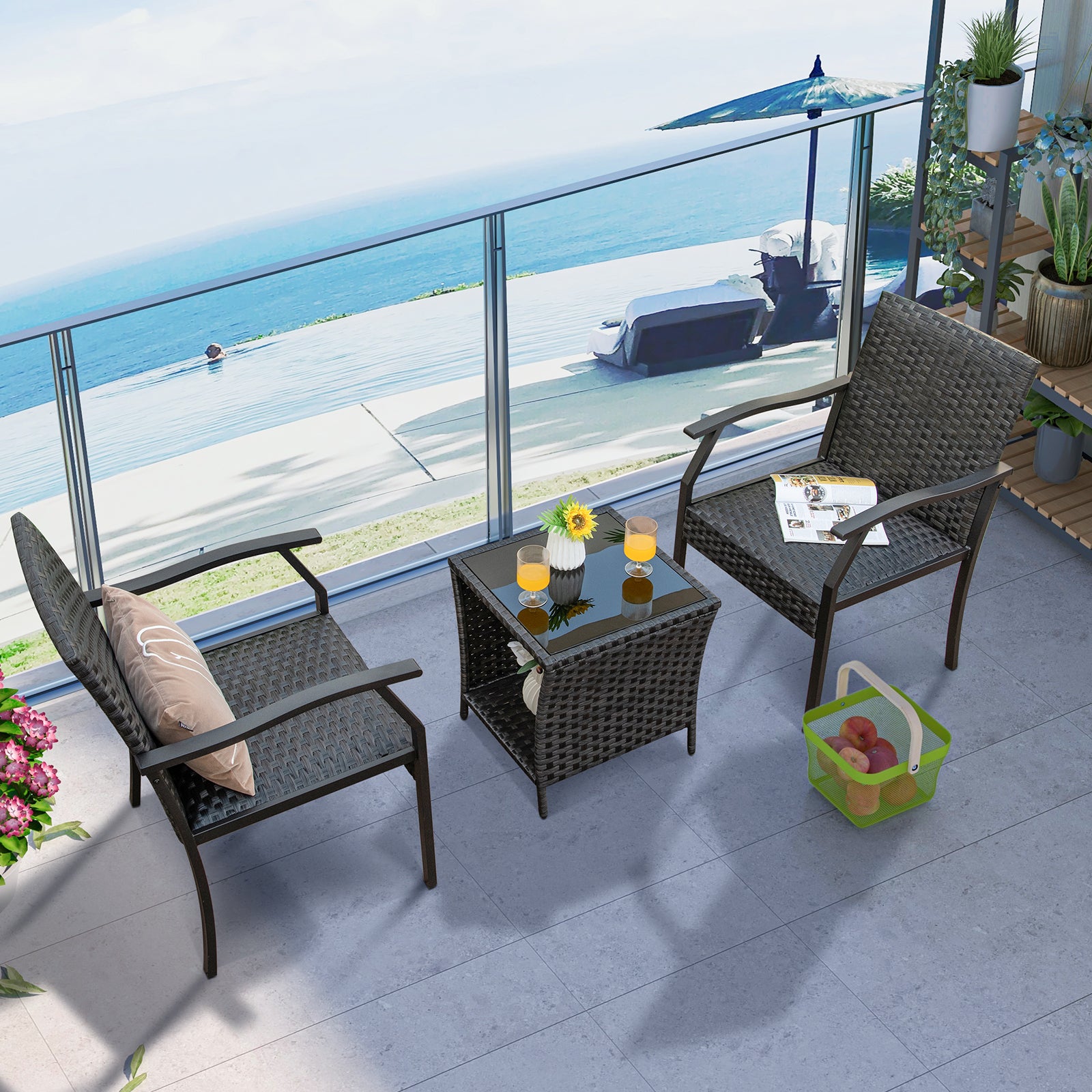 3 Piece Patio Wicker Chair Set with Cushioned Seat