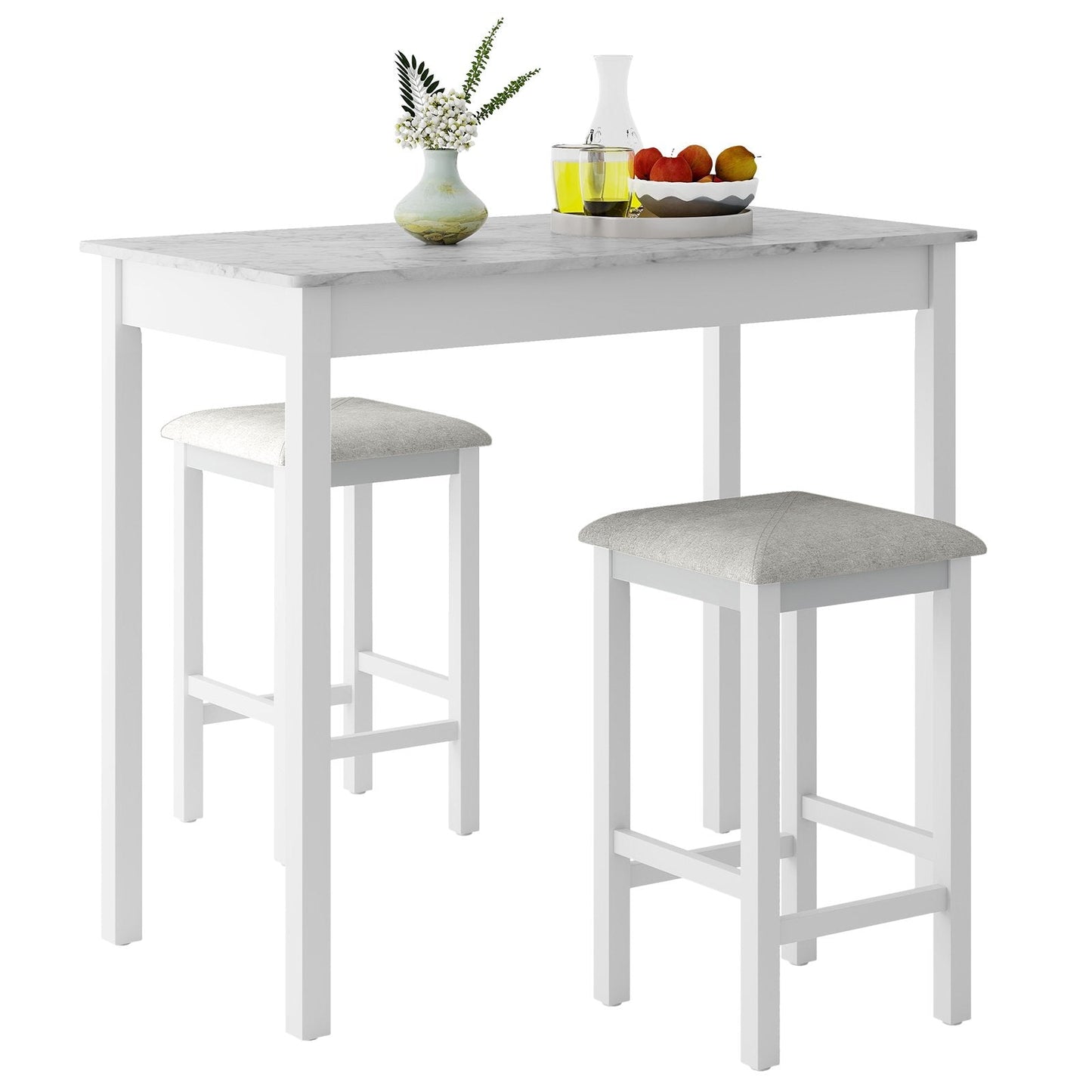 3 Pieces Pub Counter-Height Bar Table Set with Rubber Wood Legs-White