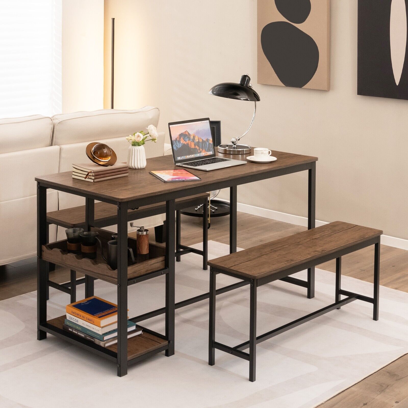 3 Pieces Kitchen Dining Set with Storage Rack-Brown