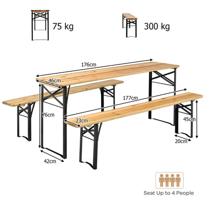 3 Pieces Folding Picnic Table and Bench Set Wooden Beer Table Set