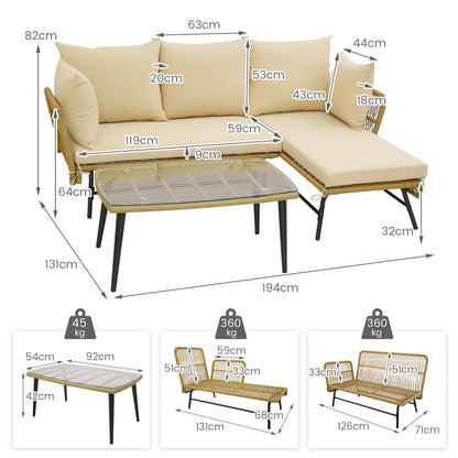 3 Pieces L-Shaped Patio Conversation Set with Tempered Glass Table-Beige