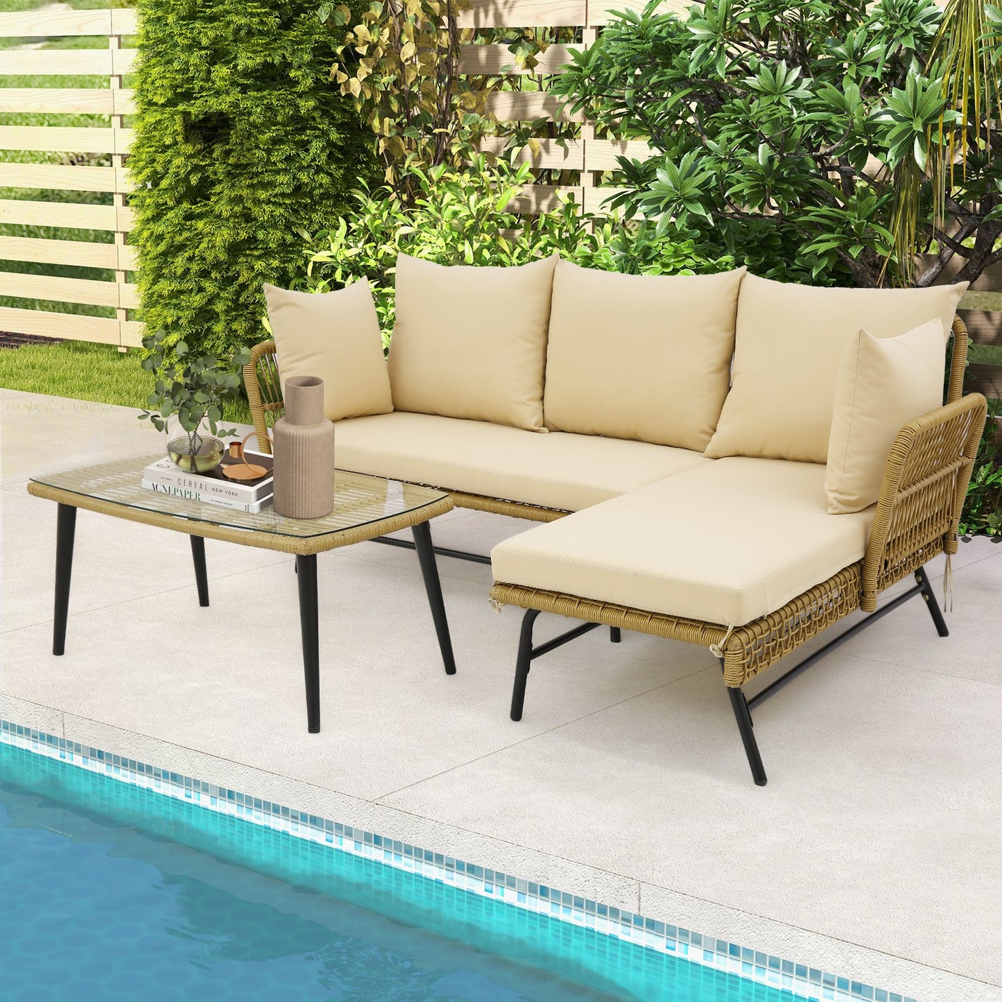 3 Pieces L-Shaped Patio Conversation Set with Tempered Glass Table-Beige