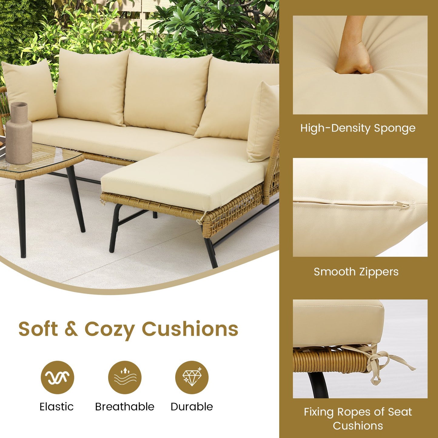 3 Pieces L-Shaped Patio Conversation Set with Tempered Glass Table-Beige