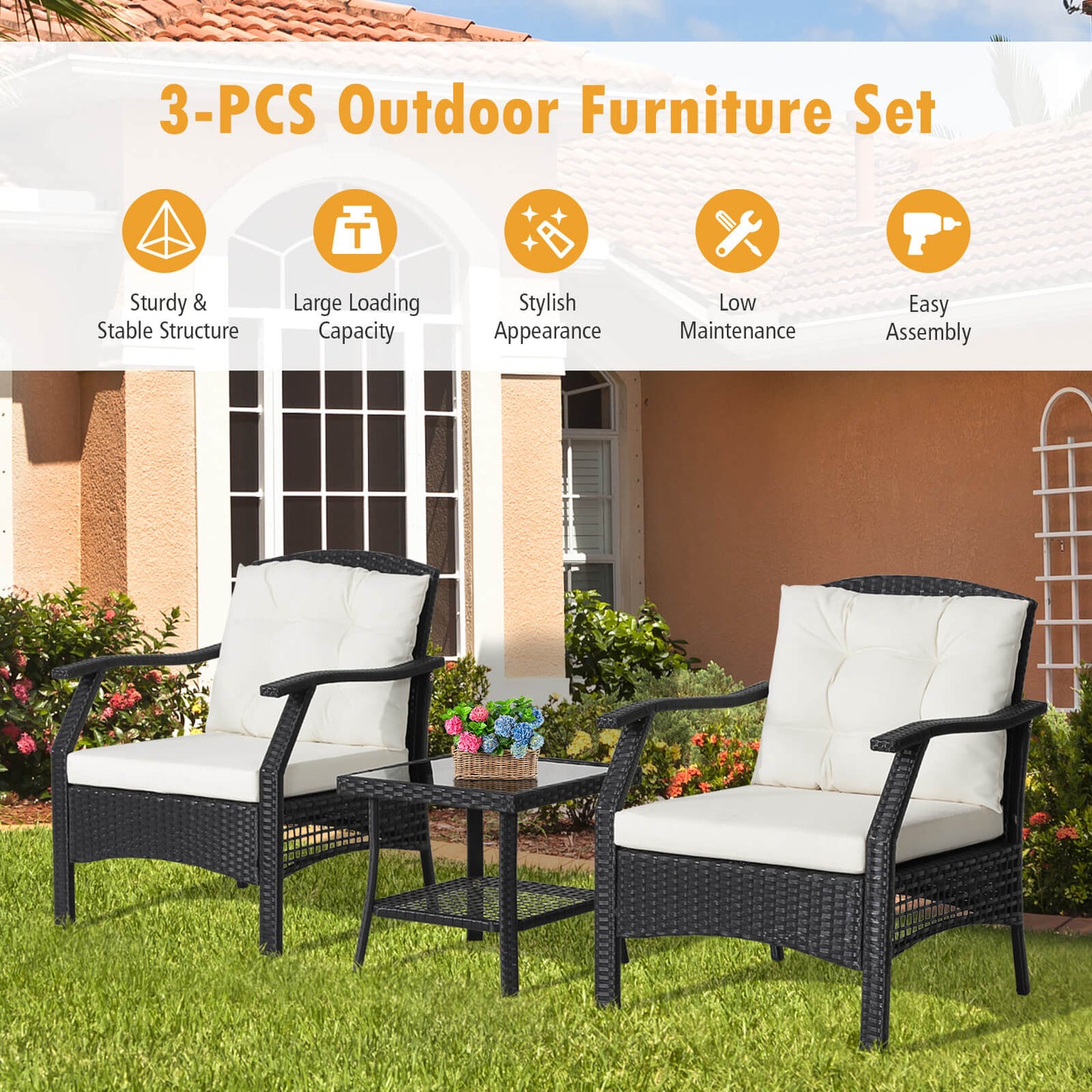 3 Pieces Garden Furniture Set with 2-Tier Tempered Glass Coffee Table