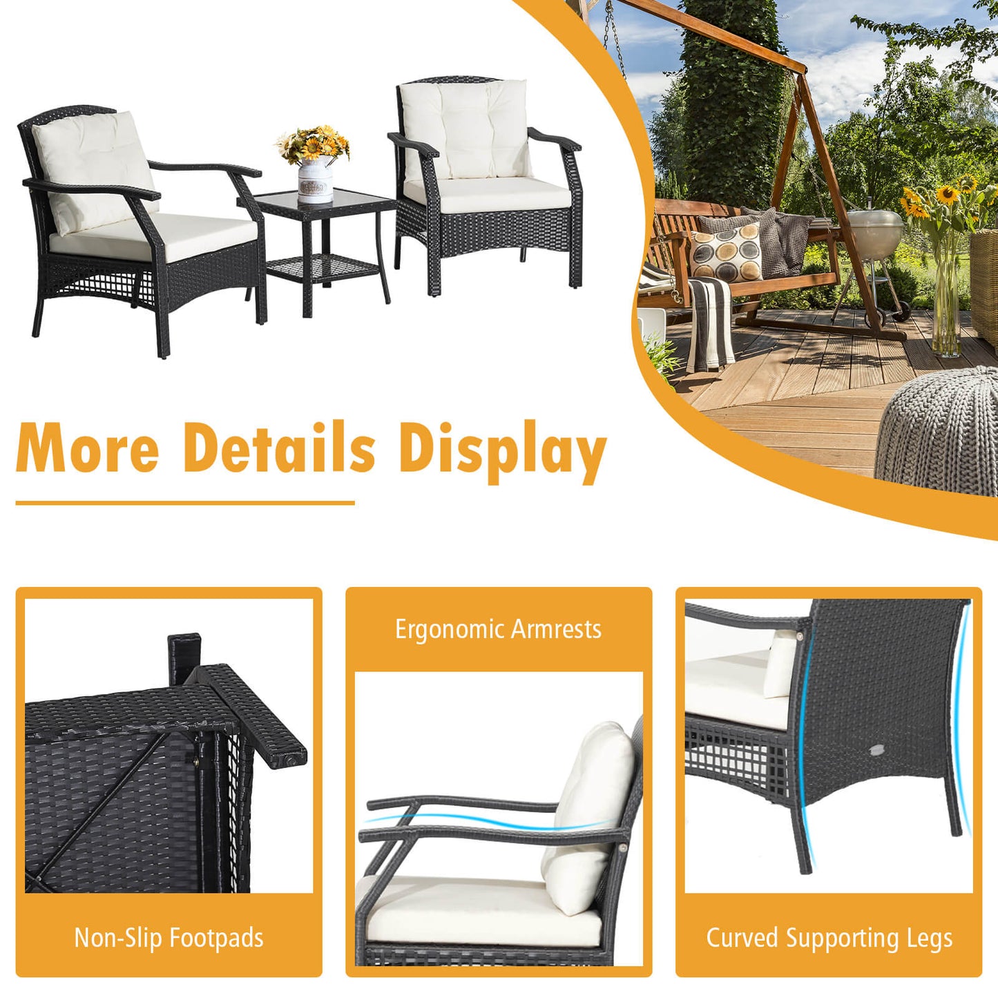 3 Pieces Garden Furniture Set with 2-Tier Tempered Glass Coffee Table