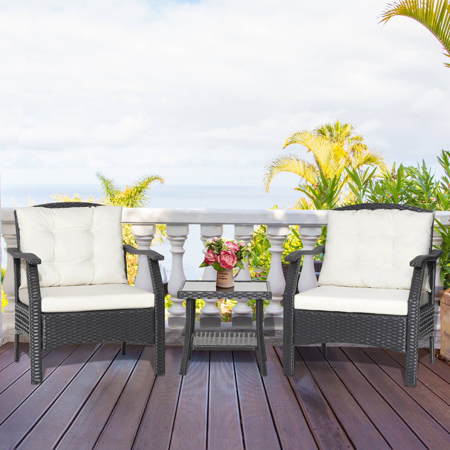 3 Pieces Garden Furniture Set with 2-Tier Tempered Glass Coffee Table