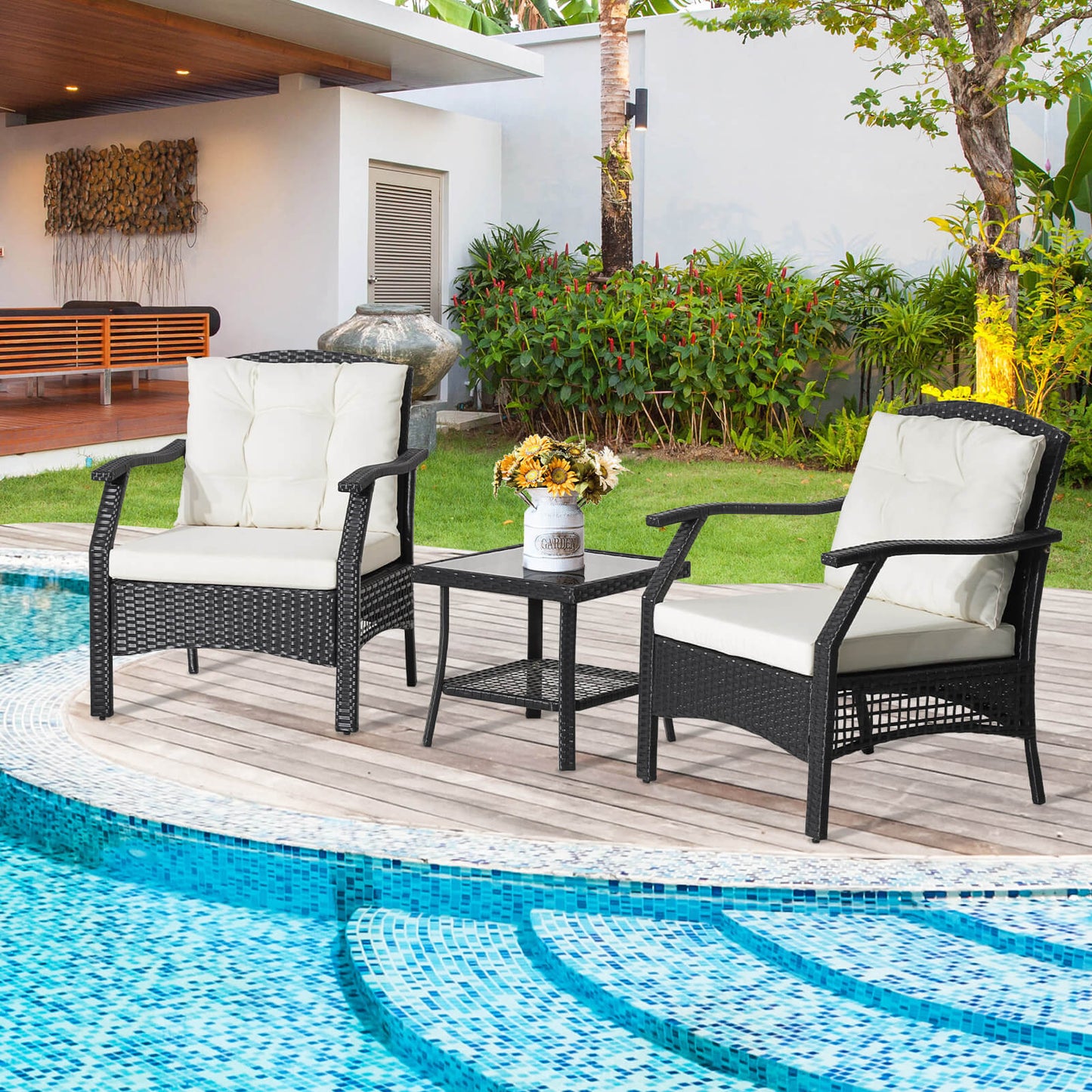 3 Pieces Garden Furniture Set with 2-Tier Tempered Glass Coffee Table
