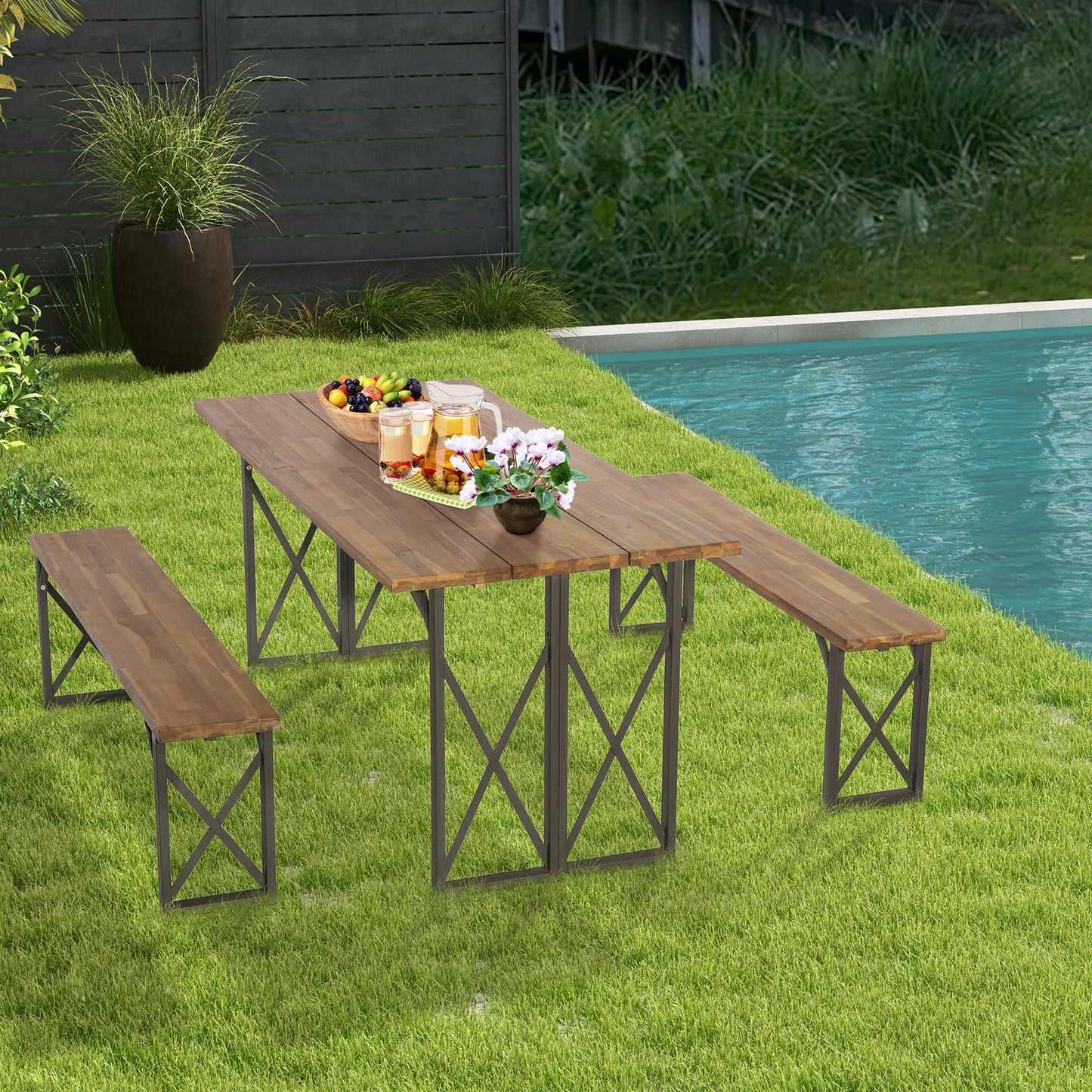 3 Pieces Outdoor Acacia Wood Dining Set with 4.5 cm Umbrella Hole