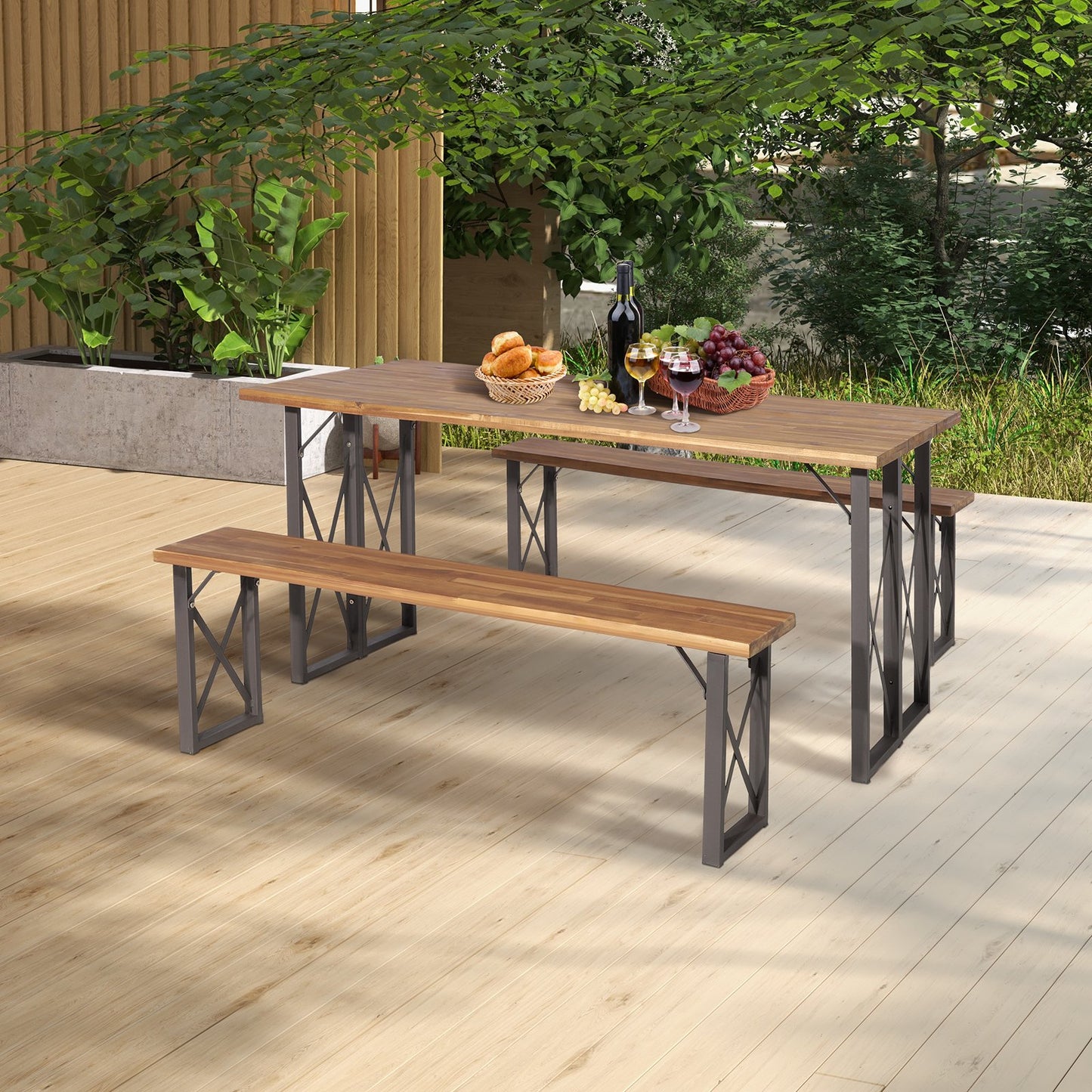 3 Pieces Outdoor Acacia Wood Dining Set with 4.5 cm Umbrella Hole