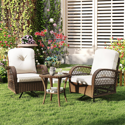 3 Pieces Outdoor Patio Furniture Set with Table and 2 Swivel Rocking Chairs-White