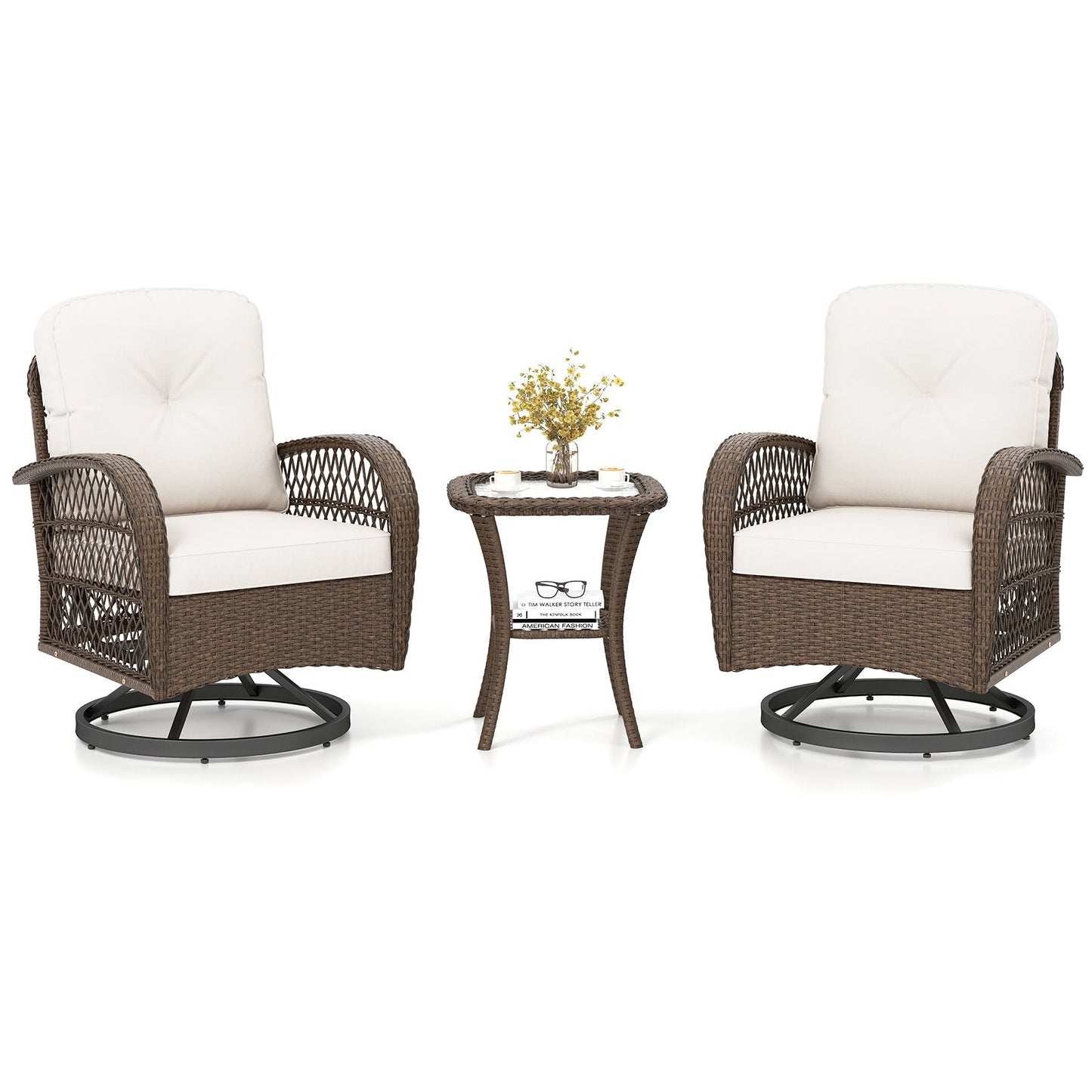 3 Pieces Outdoor Patio Furniture Set with Table and 2 Swivel Rocking Chairs-White