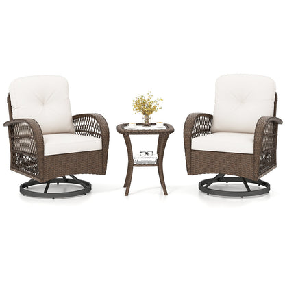 3 Pieces Outdoor Patio Furniture Set with Table and 2 Swivel Rocking Chairs-White