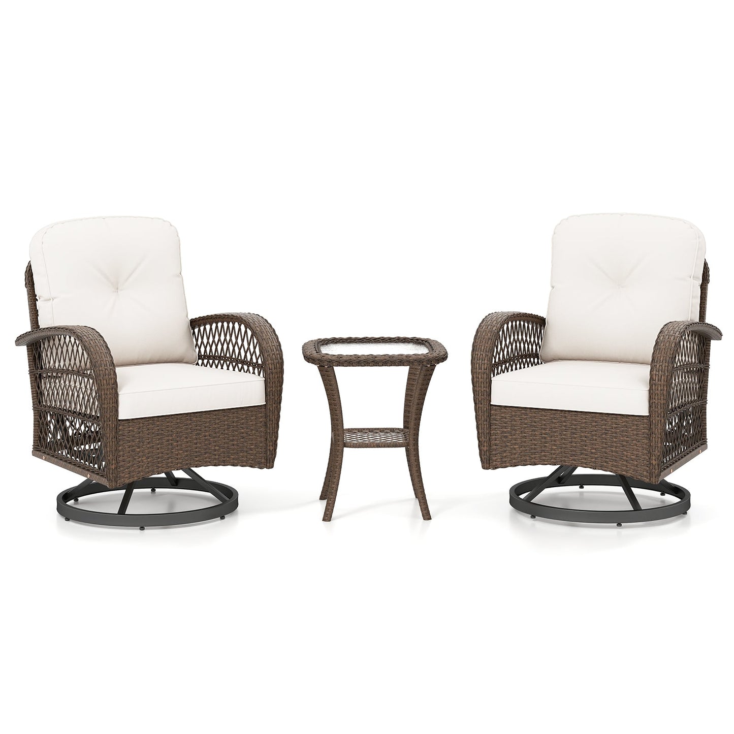 3 Pieces Outdoor Patio Furniture Set with Table and 2 Swivel Rocking Chairs-White