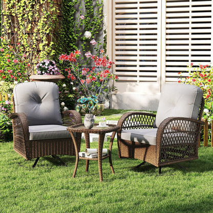 3 Pieces Outdoor Patio Furniture Set with Table and 2 Swivel Rocking Chairs-Grey