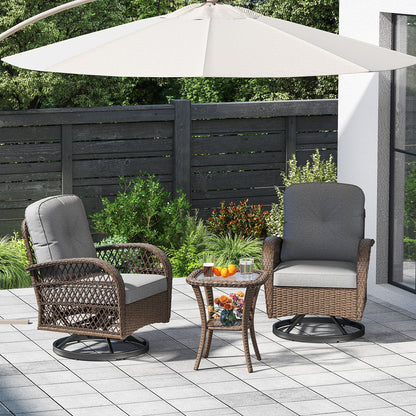 3 Pieces Outdoor Patio Furniture Set with Table and 2 Swivel Rocking Chairs-Grey